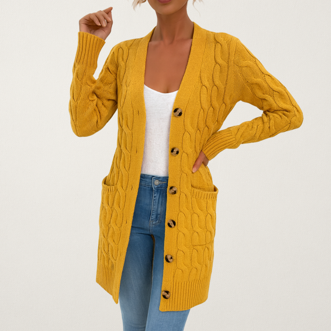 Mervavi | Damski kardigan z warkoczowym splotem i guzikami