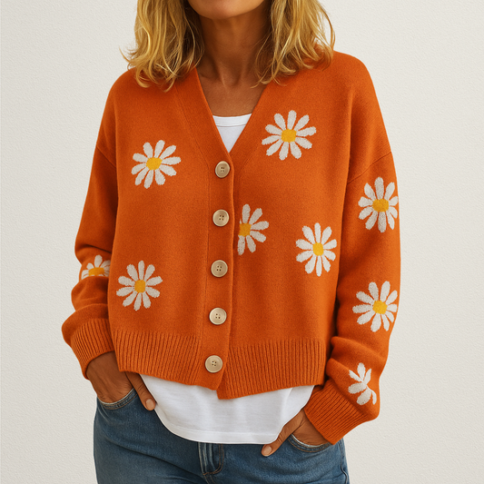 Mervavi | Dzianinowy damski sweter z kwiatowym wzorem i zapięciem na guziki