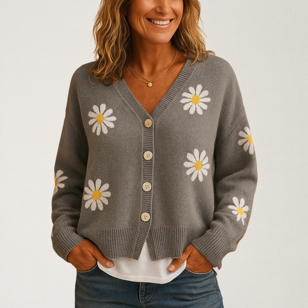 Mervavi | Dzianinowy damski sweter z kwiatowym wzorem i zapięciem na guziki