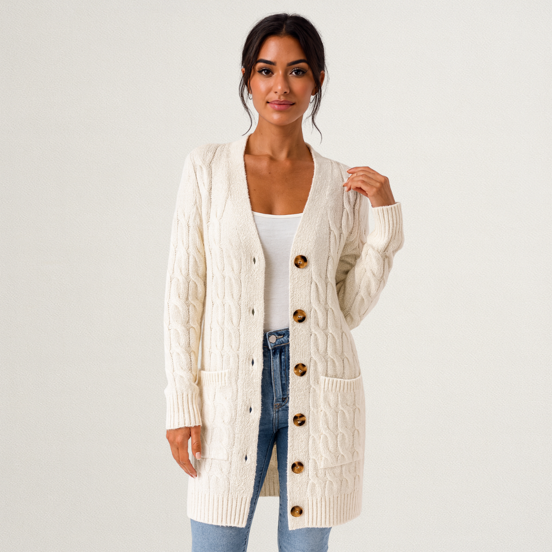 Mervavi | Damski kardigan z warkoczowym splotem i guzikami