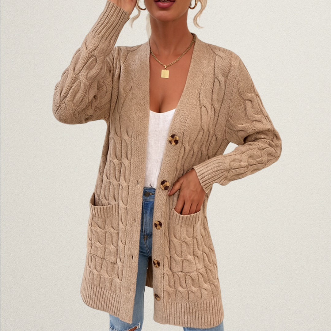 Mervavi | Damski kardigan z warkoczowym splotem i guzikami