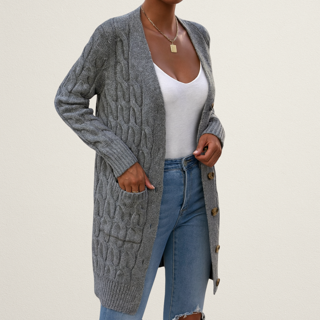 Mervavi | Damski kardigan z warkoczowym splotem i guzikami