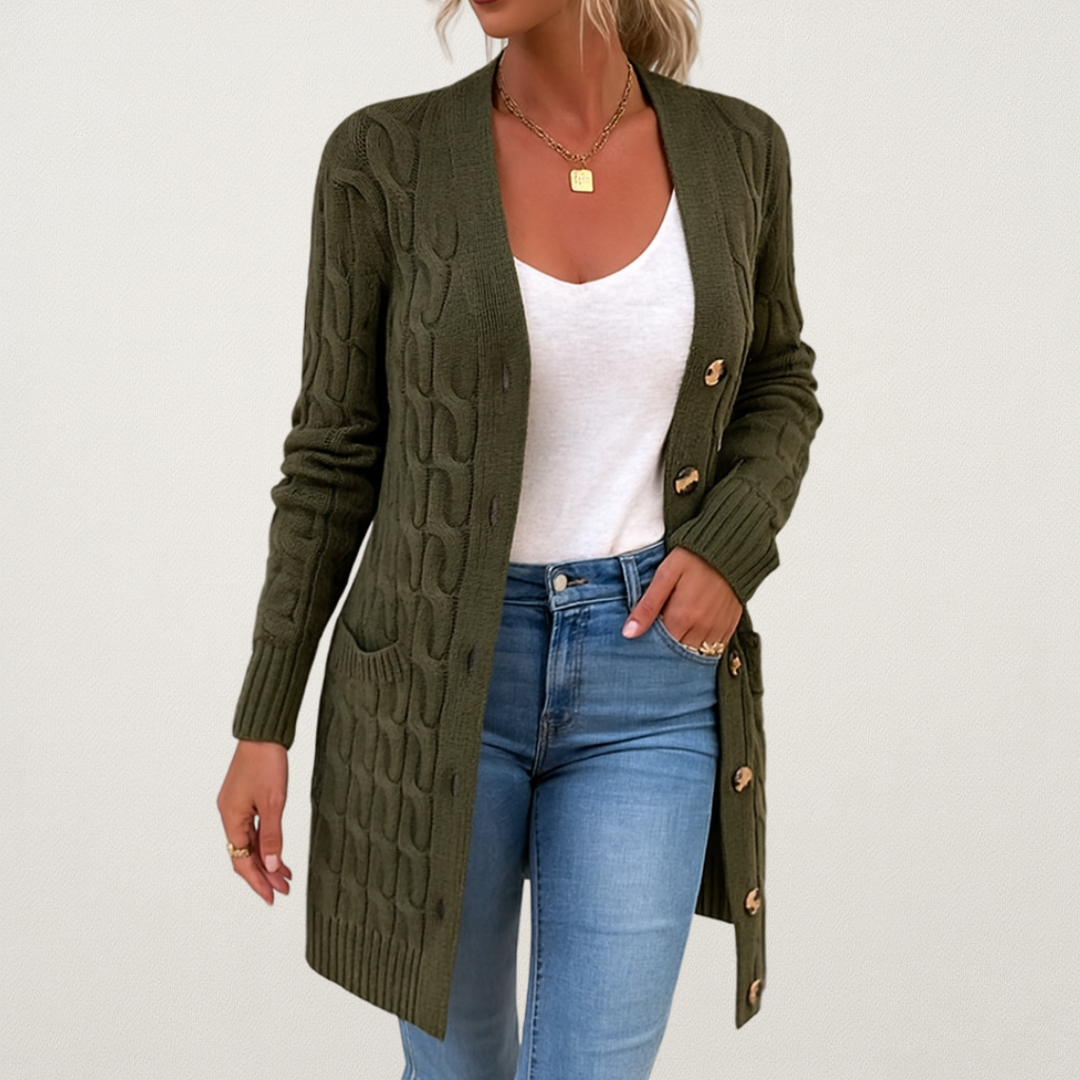 Mervavi | Damski kardigan z warkoczowym splotem i guzikami