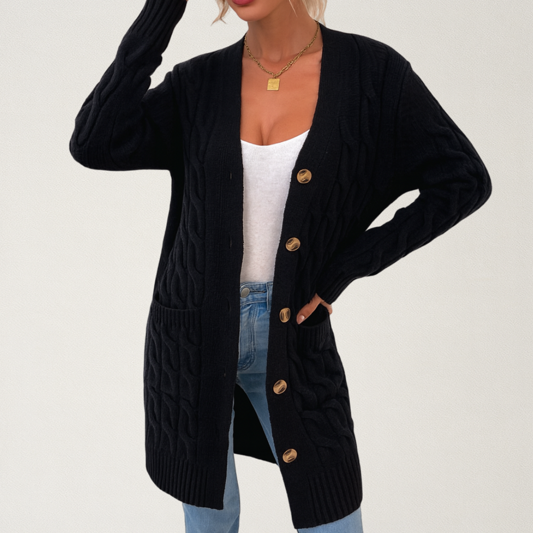 Mervavi | Damski kardigan z warkoczowym splotem i guzikami