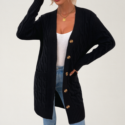 Mervavi | Damski kardigan z warkoczowym splotem i guzikami
