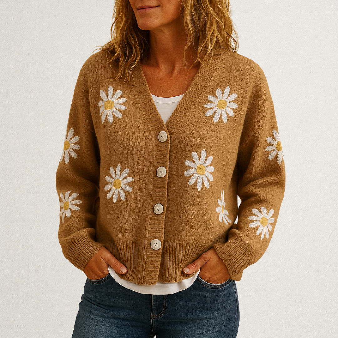 Mervavi | Dzianinowy damski sweter z kwiatowym wzorem i zapięciem na guziki