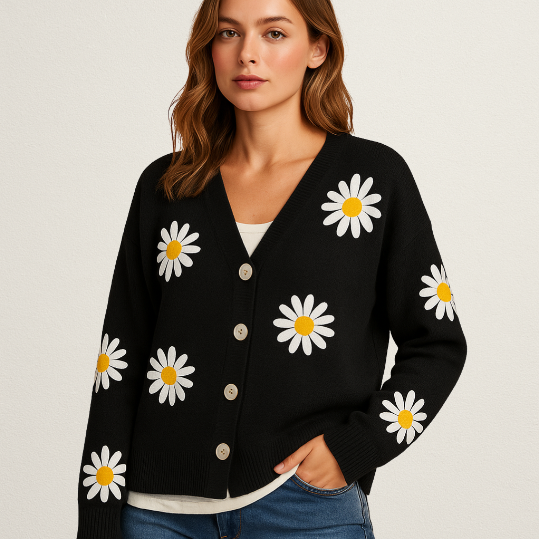 Mervavi | Dzianinowy damski sweter z kwiatowym wzorem i zapięciem na guziki