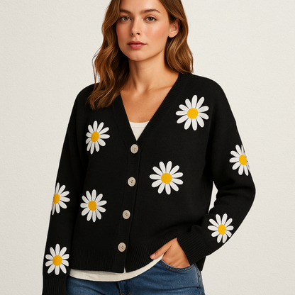 Mervavi | Dzianinowy damski sweter z kwiatowym wzorem i zapięciem na guziki