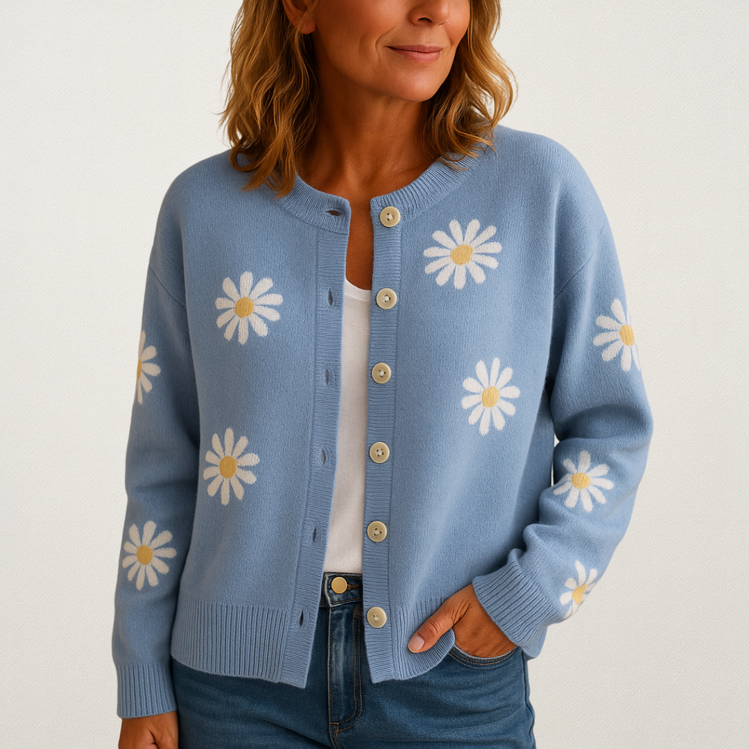 Mervavi | Dzianinowy damski sweter z kwiatowym wzorem i zapięciem na guziki